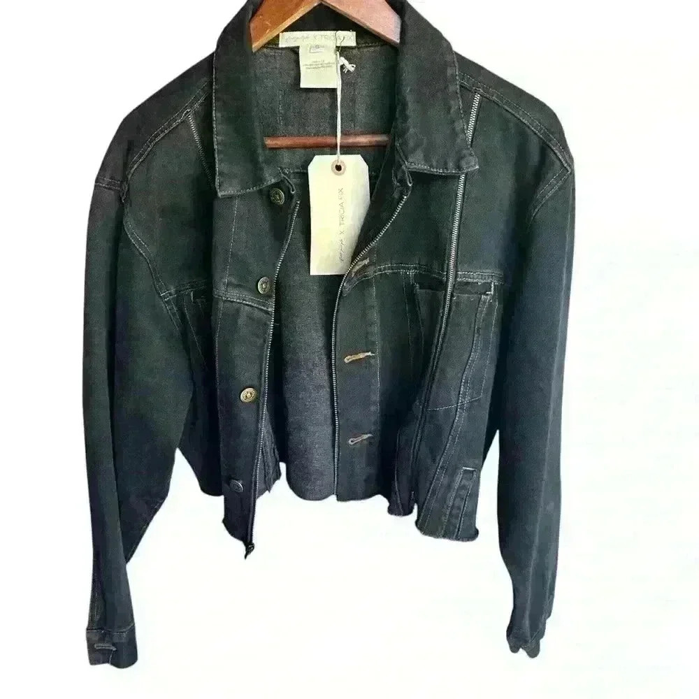 Free people Tricia Fix Western Crop denim jacket size L zipper in wash black nwt - Picture 3 of 12